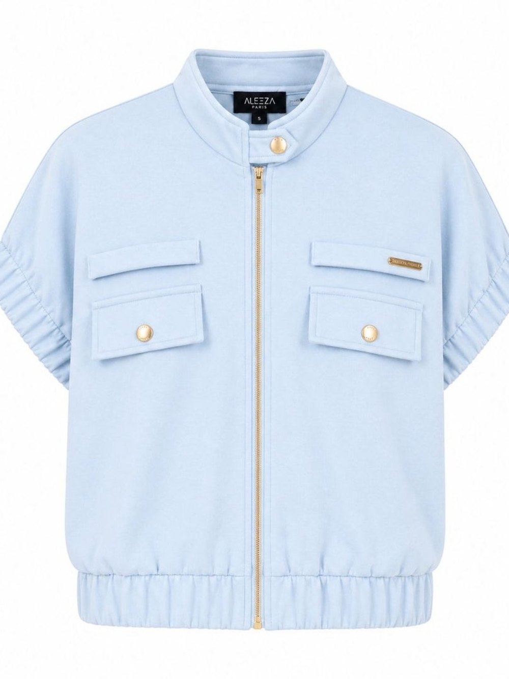New Aleeza Paris Baby Blue Short Sleeve Zip Front Jacket M